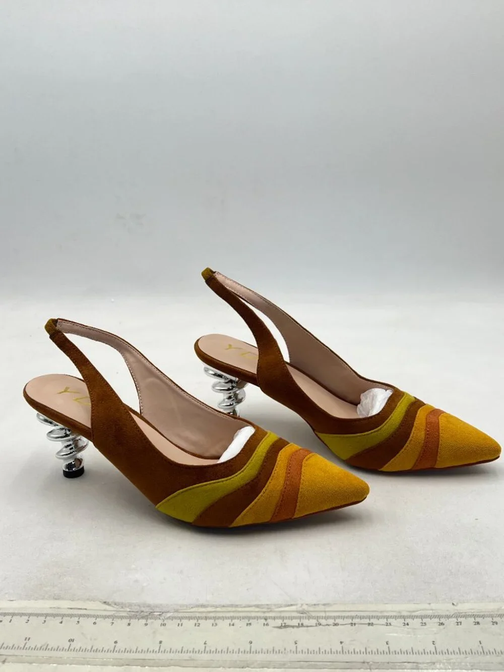 YDN Yellow Floral Metallic Spiral Heels Slip On Sandals Slingback Elastic Pumps